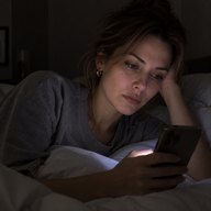 Женщина ночью в кровати смотрит в телефон